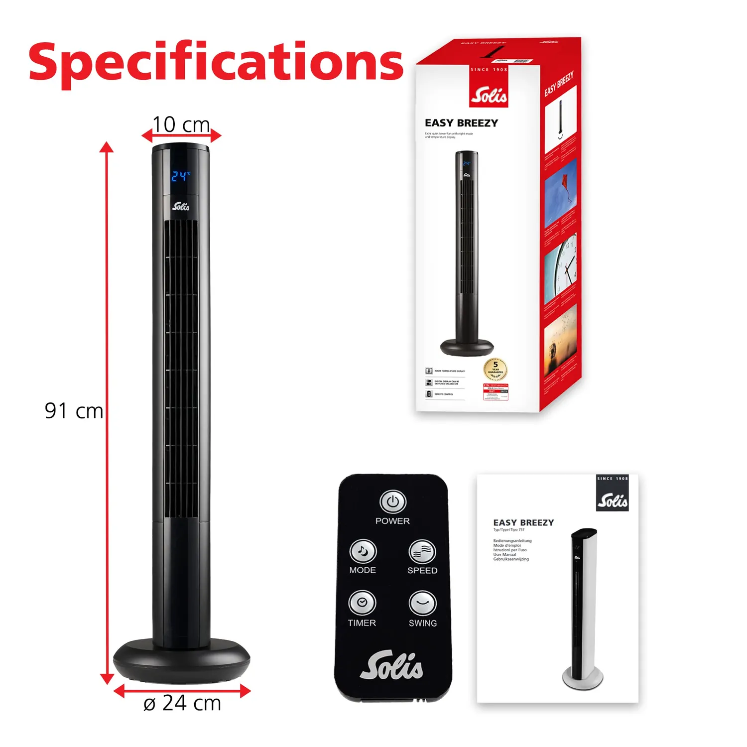 Solis Easy Breezy 757 ventilateur colonne noir mat 91 cm