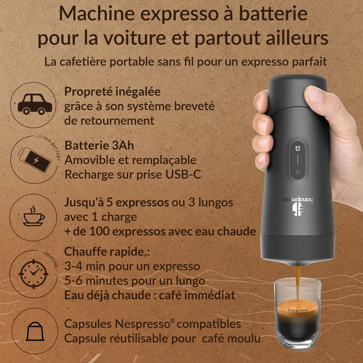 Handpresso Auto machine expresso portable 19 bars capsules